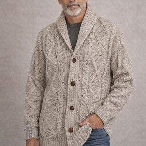 Aran Crafts Men's Shawl Collar Cable Cardigan - Cream